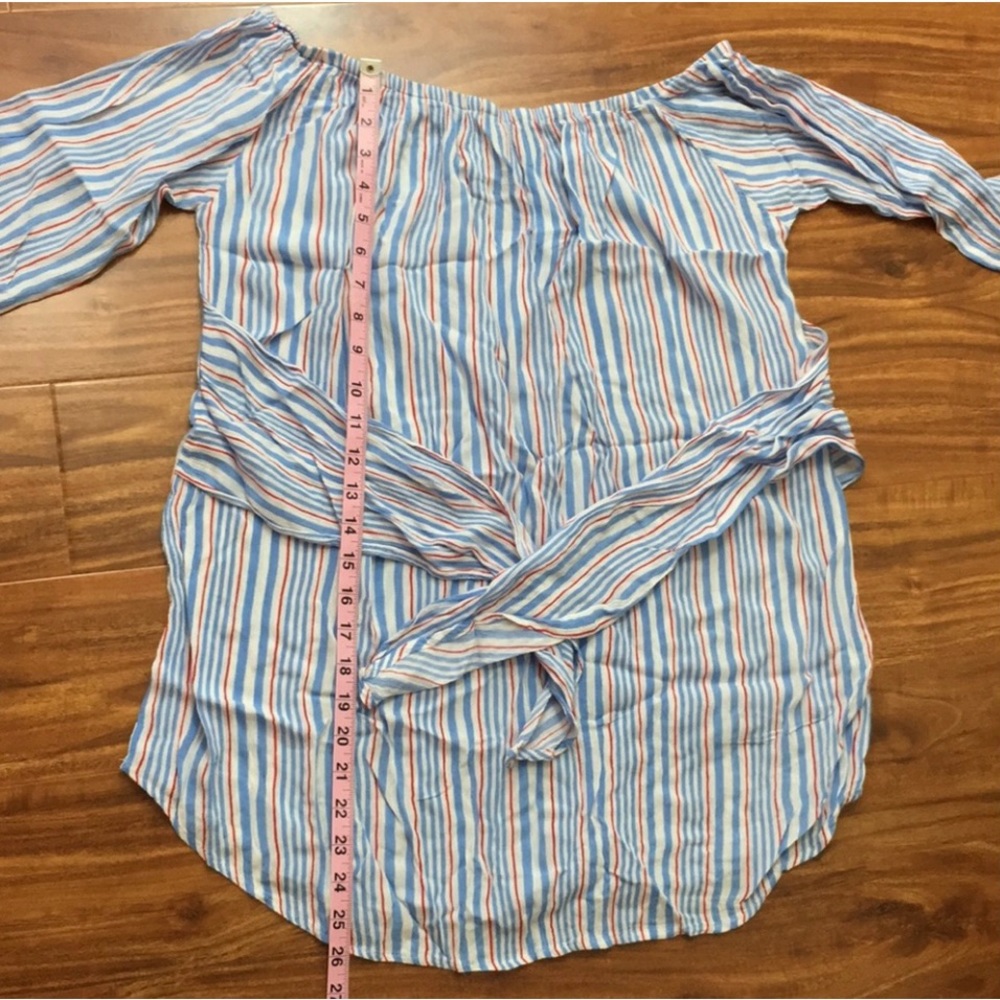 Lucy Love Blue White Stripe Off Shoulder Balloon Sleeve Blouse Tunic Size Large - Picture 15 of 16
